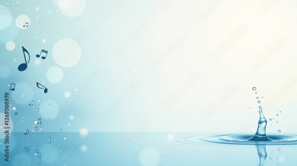 Aufkleber Serene Aquatic Symphony Water Drop Impact with Musical Notes and Soft Bokeh Background