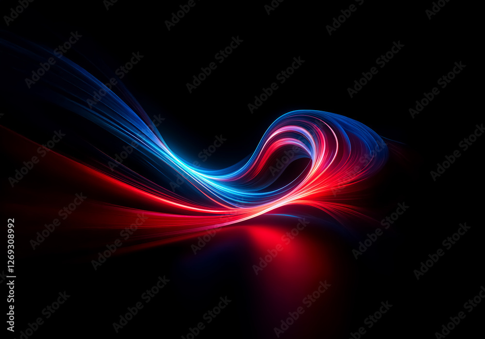 Poster Dynamic abstract image of flowing red and blue light trails creating movement and energy with elegant curves against a dark background.