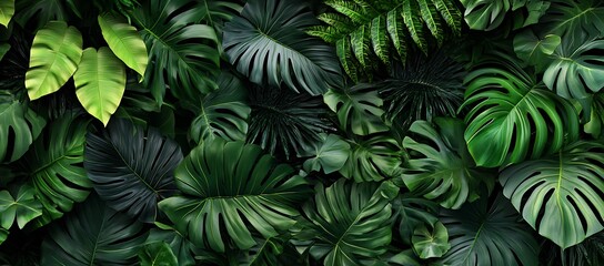A lush tapestry of tropical foliage featuring vibrant green palm leaves and monstera creating a dense jungle backdrop with a sense of depth and natural beauty