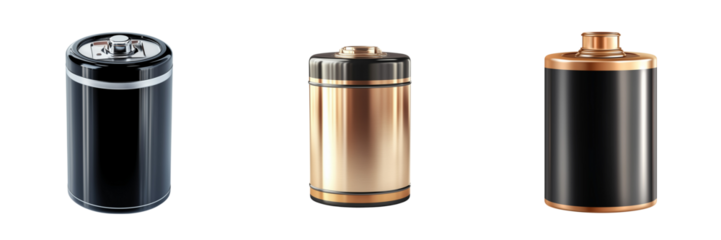 Set of Three sleek metallic cans with gold accents, arranged in a triangular formation on transparent png background. Ai generated