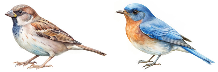Colorful birds illustration, detailed watercolor style, nature artwork, wildlife depiction, artistic representation.