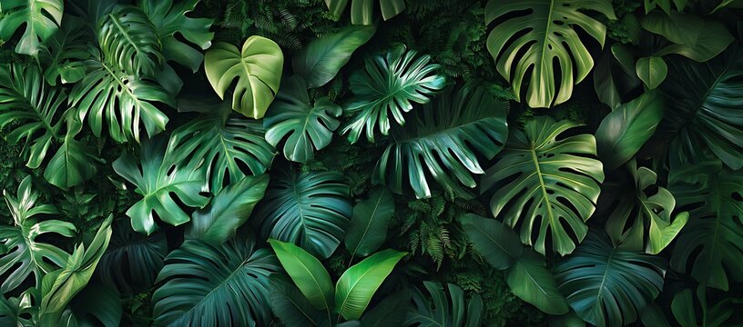 A lush tapestry of tropical foliage featuring vibrant green palm leaves and monstera creating a dense jungle backdrop with a sense of depth and natural beauty