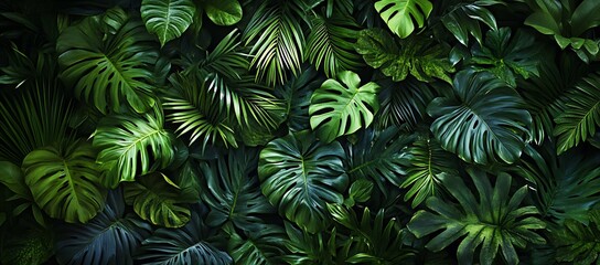Lush green palm leaves create a dense tropical foliage background with vibrant textures and a sense of depth perfect for evoking a natural exotic and summery vibe in designs