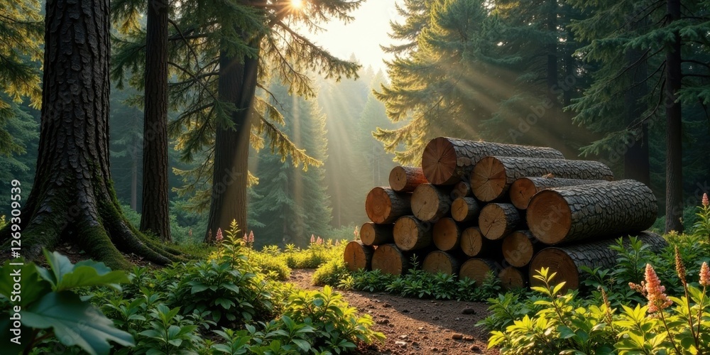 Poster Sunbeams illuminate a tranquil forest scene where a stack of neatly arranged logs rests amongst lush greenery, creating a serene and peaceful atmosphere.