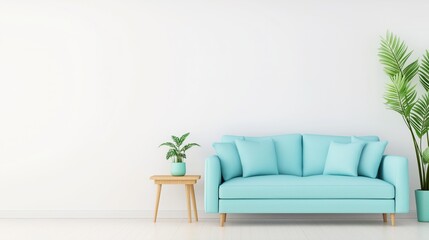 Minimalist Living Room with Blue Sofa and Green Plants