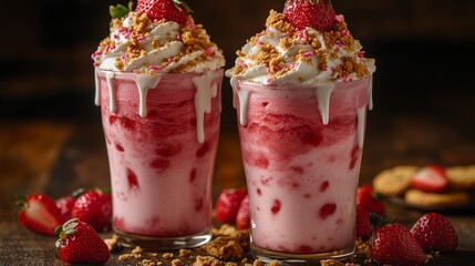 Two glasses filled with a pink milkshake topped with whipped cream, strawberry, and cookie. 3