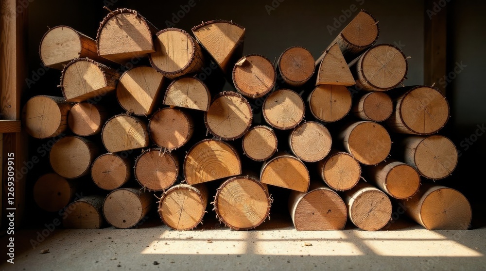 Poster Sunlit Stack of Round Wooden Logs, Carefully Arranged in a Rustic Setting