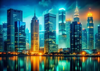 Fototapeta premium Vibrant Blue & Green Cityscape with Orange Accent Skyscraper - Stock Photo