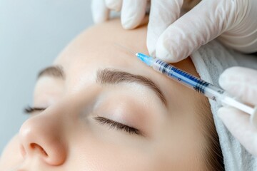 Close-up shot of cosmetic facial treatment for woman with needle injection, rejuvenating procedure