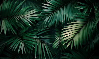 Lush green palm leaves create a dense tropical foliage background with vibrant textures and a sense of depth perfect for evoking a natural exotic and summery vibe in designs