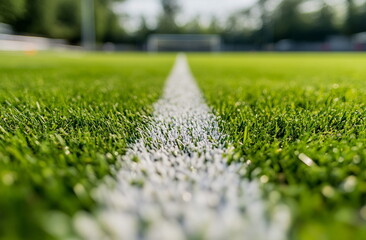 Soccer field close-up with a white boundary line on fresh green grass, capturing the rich texture, precise field markings, and well-maintained playing surface for sports themes.

