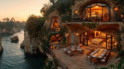 Fototapeta premium Coastal cliffside cave house dinner sunset