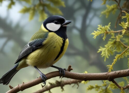 Stunning image showing a great tit singing on an oak tree branch, nature, oak tree, parus major, bird, sing