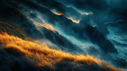 Coastal cliffs sunrise, mist, golden grass, ocean waves, nature landscape