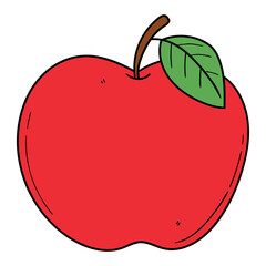 Hand drawn cartoon red apple with green leaf on white background.