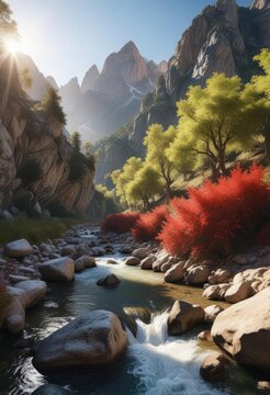 Sunlit whitewater creek in Vallon Popera with Croda Rossa peak towering in background, landscape, whitewater, river, Vallon Popera, Croda Rossa