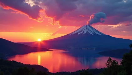 Gordijnen Sunset over Lanin Volcano and the Andes mountains with Lake Villarrica in foreground, Water, Andes Mountains © Sathaporn