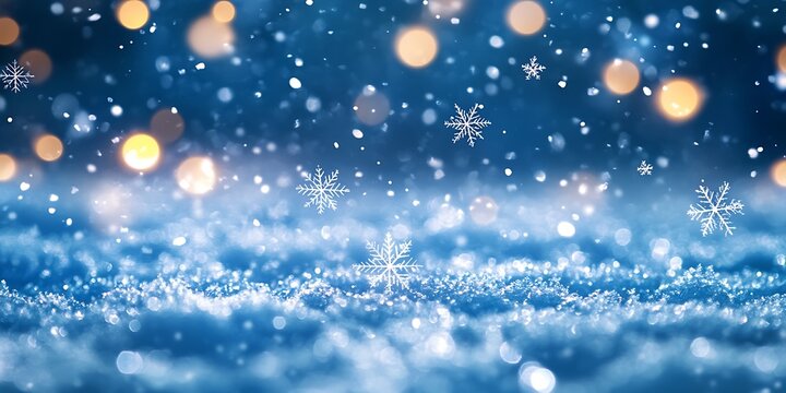 Title:

A magical winter scene unfolds with delicate snowflakes falling against a deep blue backdrop adorned with sparkling bokeh lights creating a festive and enchanting atmosphere perfect for holida