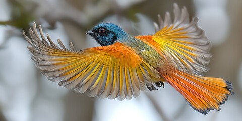 In a beautiful display of agility, the fairy bird glides effortlessly through the spring air, its vivid feathers a testament to nature's artistic brilliance and grace