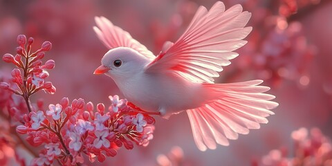 Fototapeta premium A stunning fairy bird alights on vibrant pink flowers, its enchanting plumage catching the soft light of spring. This moment captures the essence of freedom and beauty