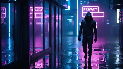 Fototapeta premium A hooded figure walks through a neon-lit urban street, reflecting privacy themes amidst a rainy atmosphere and vibrant signage.