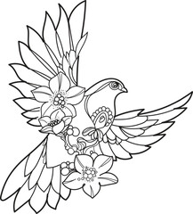 Hand-drawn pattern bird with flowers vector line art