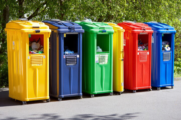 row of colorful recycling bins overflowing with waste, symbolizing environmental awareness, waste management, and sustainability