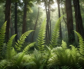 Tall fern fronds swaying gently in the breeze amidst the trees in a secluded clearing, towering trees, forest ambiance