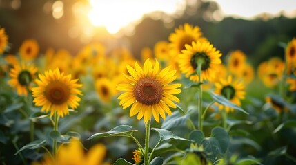 Fototapeta premium Immersive Summer Sunflower Field Scenery: Golden Blooms Under Azure Skies – Vibrant Background Images for Floral Wallpapers, Seasonal Branding, and Nature-Inspired Design with Rustic Charm, Warm Color