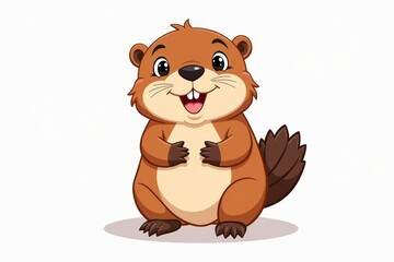 A cheerful cartoon baby beaver stands smiling with a rounded body and fluffy tail. Concept features baby beaver as a playful character in nature-themed illustrations.