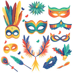 Naklejka premium A vibrant 2D vector of Carnival decorations like feathers, masks, and streamers.
