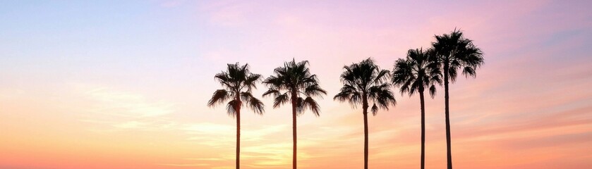 Sunset over palm trees with colorful sky and silhouettes, tranquil ambiance at coastal scene