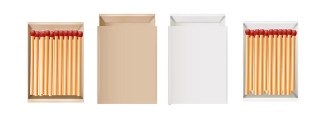 Matchbox, empty package for match sticks in top and perspective view. Realistic mockup of 3d blank box. Stages of burning the match. Symbol of ignition burning. Vector