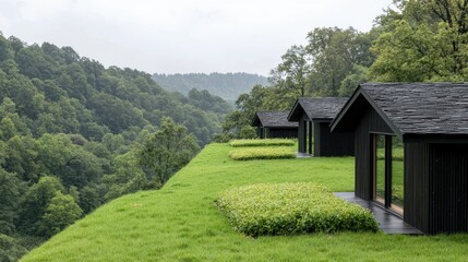 Fototapeta premium Modern cabins nestled in hillside valley