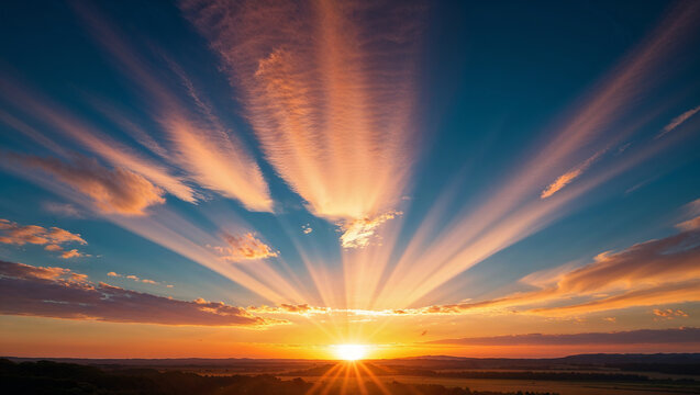 Majestic sunset illuminating countryside with orange and blue sky