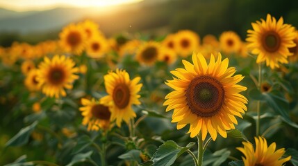 Immersive Summer Sunflower Field Scenery: Golden Blooms Under Azure Skies – Vibrant Background Images for Floral Wallpapers, Seasonal Branding, and Nature-Inspired Design with Rustic Charm, Warm Color
