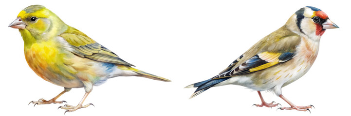 Colorful birds illustration, realistic details, vibrant feathers, nature art, wildlife representation, educational purpose.