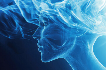 Soft blue wisps swirl around the profile of a woman, creating a dreamlike and mystical effect. The composition evokes a sense of tranquility and depth, ideal for creative inspiration.