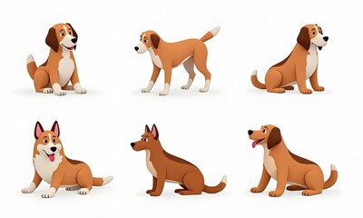Six Playful Cartoon Dogs Having Fun Against White Background