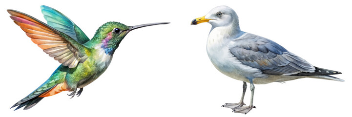 Colorful hummingbird illustration, detailed seagull drawing, nature art, wildlife depiction, vibrant colors, educational purpose.