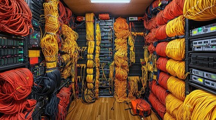 Cable storage room, tangled wires, server racks, data center, network infrastructure, IT