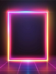 Neon Square Frame: Vibrant neon pink, orange, and blue square frame glowing brightly on a dark background with a retro-futuristic grid floor, ideal for product displays or text overlays. 
