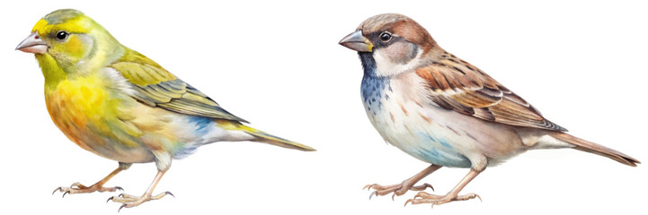 Colorful birds illustration, vibrant yellow canary, detailed sparrow, natural habitat, wildlife art, educational purpose.