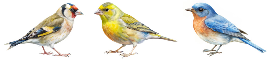 Colorful birds illustration, vibrant feathers, detailed watercolor style, nature artwork, perfect for decor, educational use.
