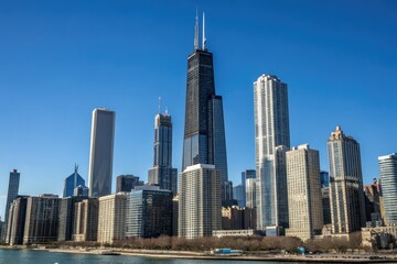 Fototapeta premium Towering cityscape with numerous skyscrapers under clear blue skies, skyscrapers, tall buildings