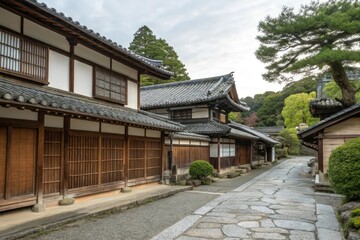 Naklejka premium Traditional Japanese architecture with tiled roofs and wooden shutters, wood, old, building