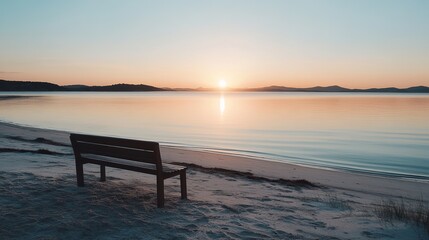 Obraz premium Serene Sunrise Beach Scene Peaceful Tranquil Sunset Ocean View Wooden Bench Calm Coastal Landscape Idyllic Summer Morning Golden Hour Peaceful 