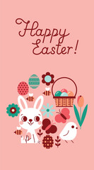 Happy Easter Greeting Card with Cute Bunny, Chick, Easter Eggs, Flowers, and Spring Elements in Pastel Colors. Festive Holiday Illustration.