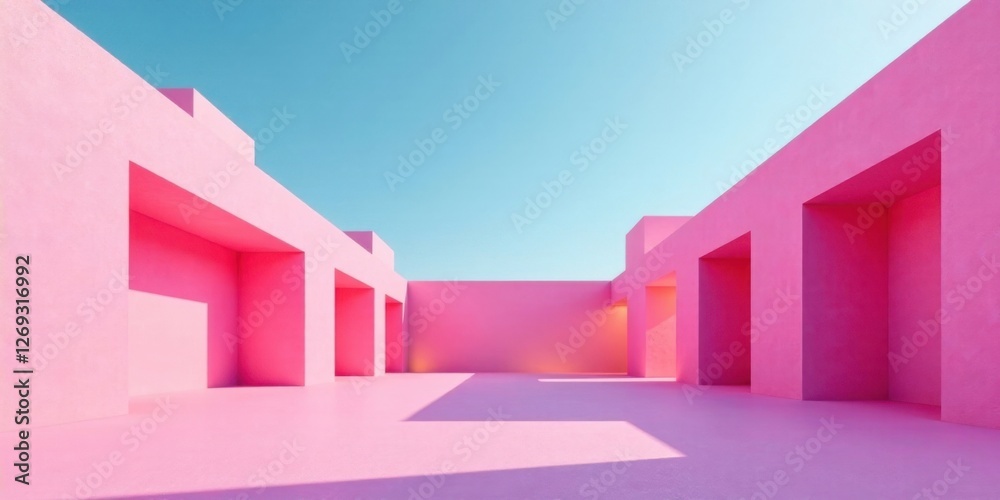 Aufkleber Pink architectural structures under a bright sky a minimalist modern design with open doorways and intriguing shadows cast across a smooth pink surface