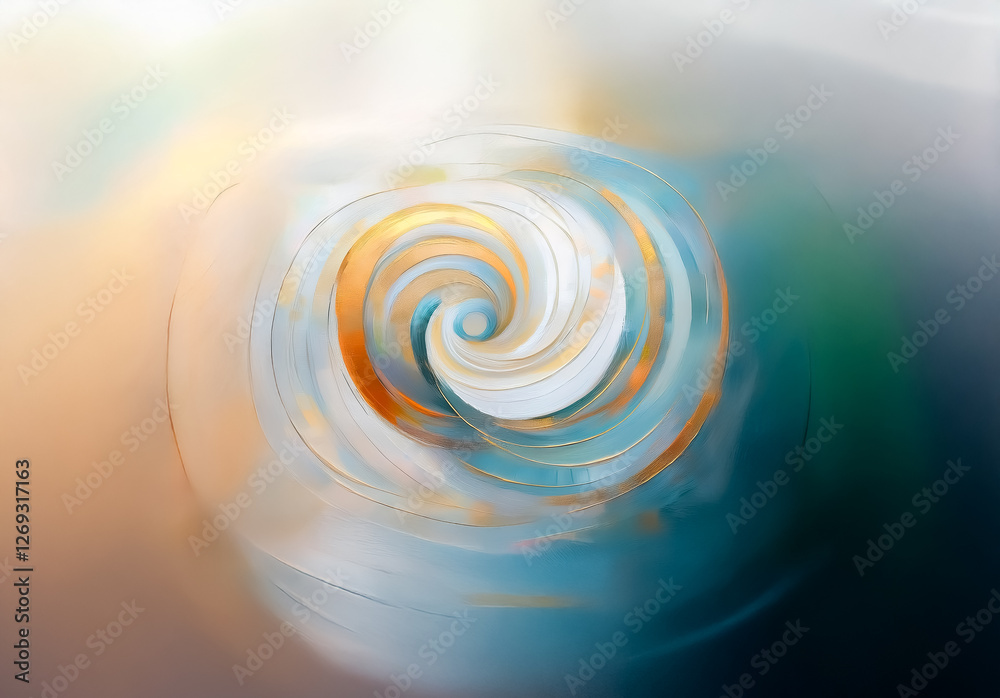 Poster abstract swirl of gold and white hues on blurred blue and brown backdrop. resembles a dynamic spiral
